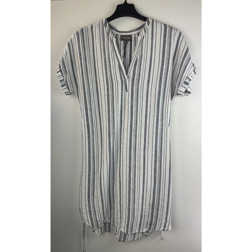 Michael Stars 100% Linen Amelee Beach Stripe Caftan Dress Tie Women's Medium - Picture 2 of 12